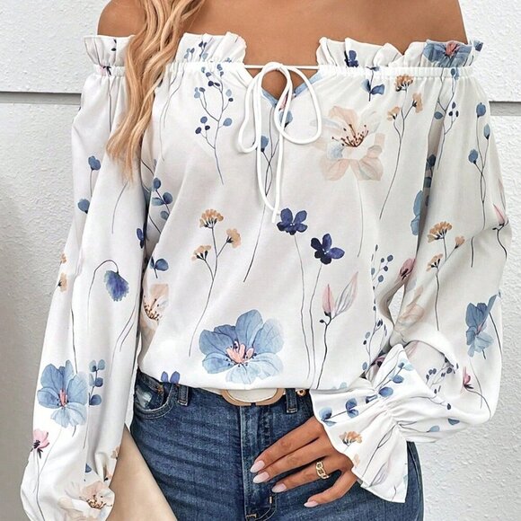 Tops - White Boho Women's Plus Size Vacation Loose Off-Shoulder Blouse